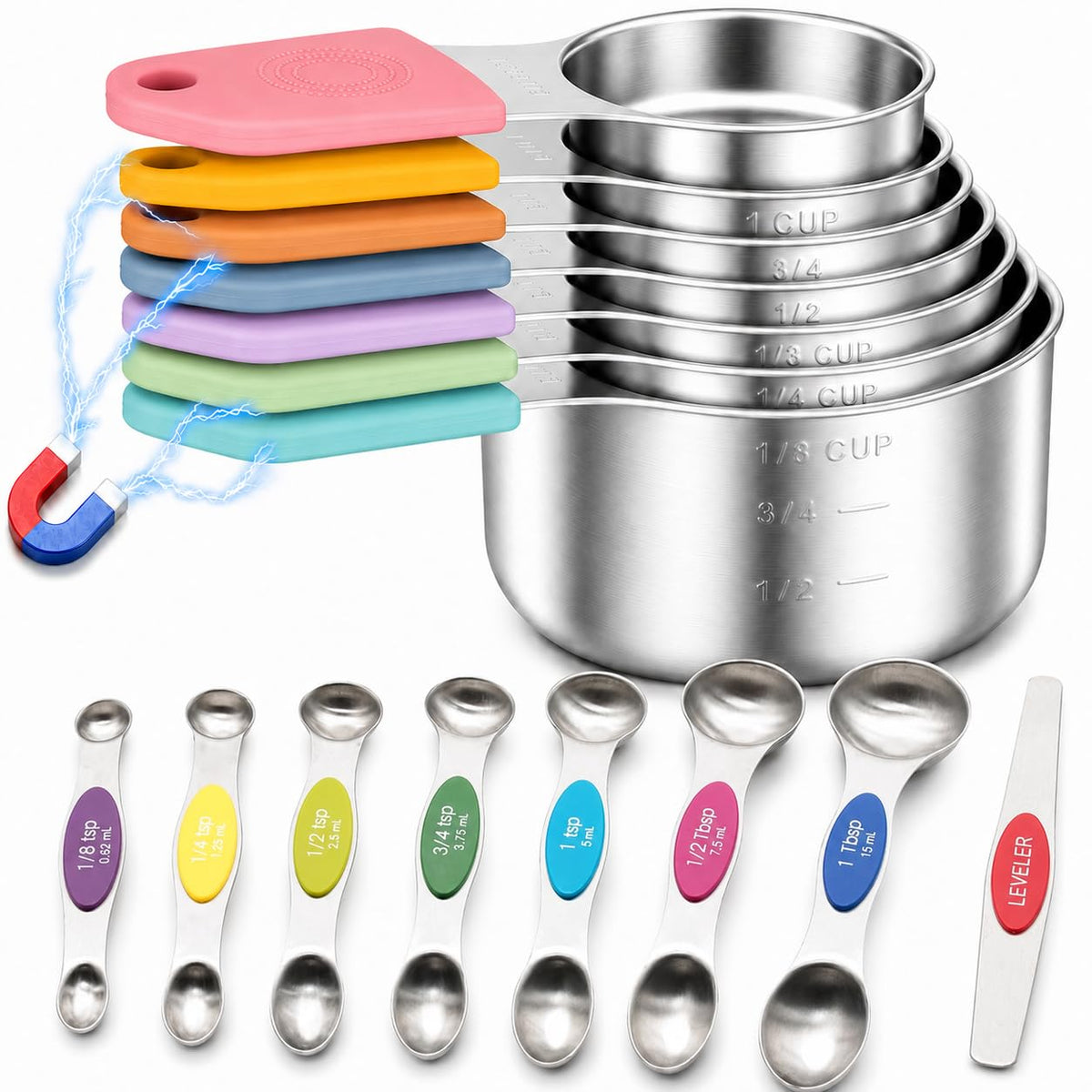 Magnetic Measuring Cups and Spoons Set-Heavy Duty 304 Stainless Steel Cups