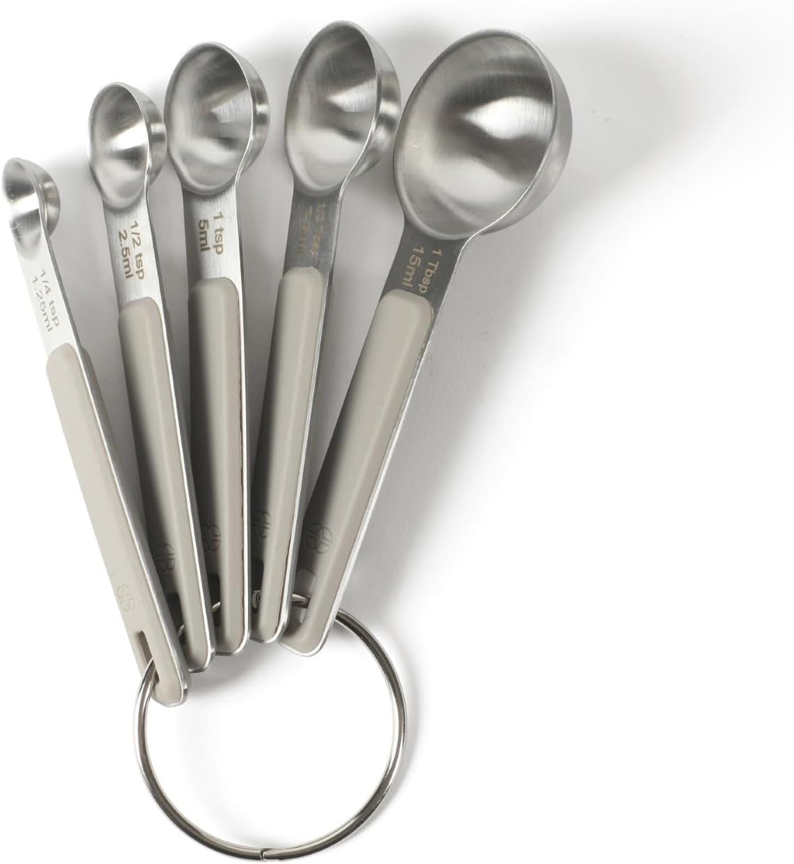 Calphalon Prime Measuring Spoons, 5-Piece Stainless Steel Measuring Spoon Set with Taupe Silicone Handles, Accurate Kitchen Measuring Tools for Spices, Baking & Small Portions