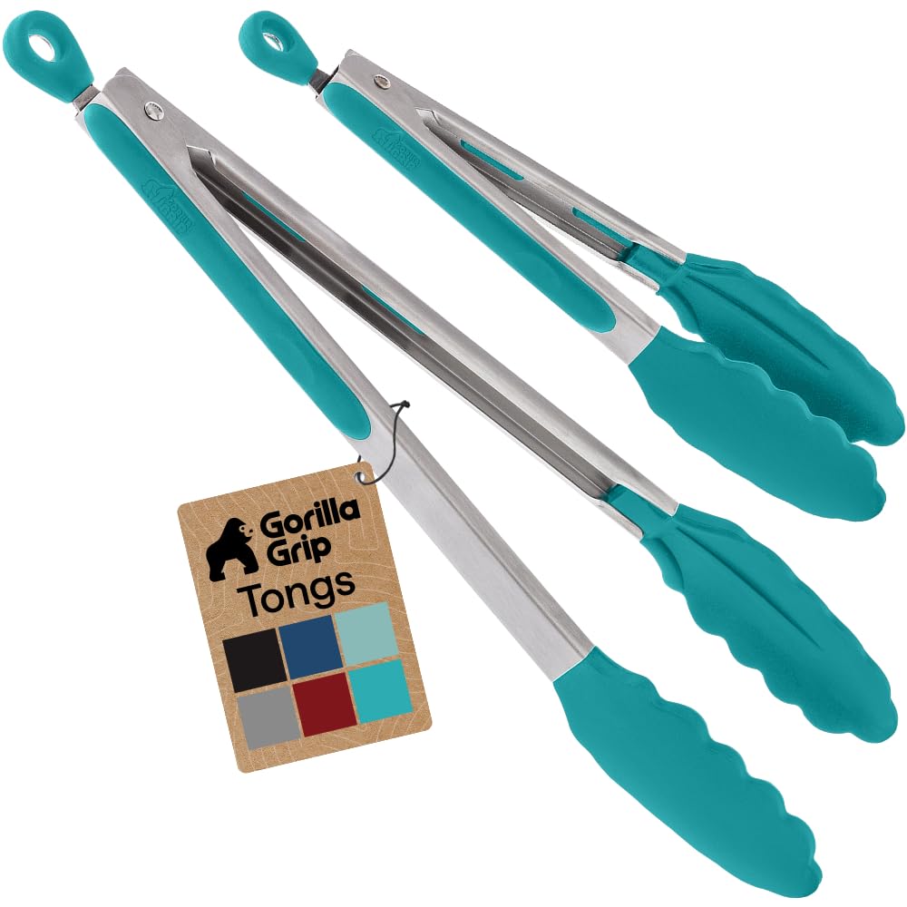 GORILLA GRIP Stainless Steel Kitchen Tongs for Cooking, 2 PK, Black