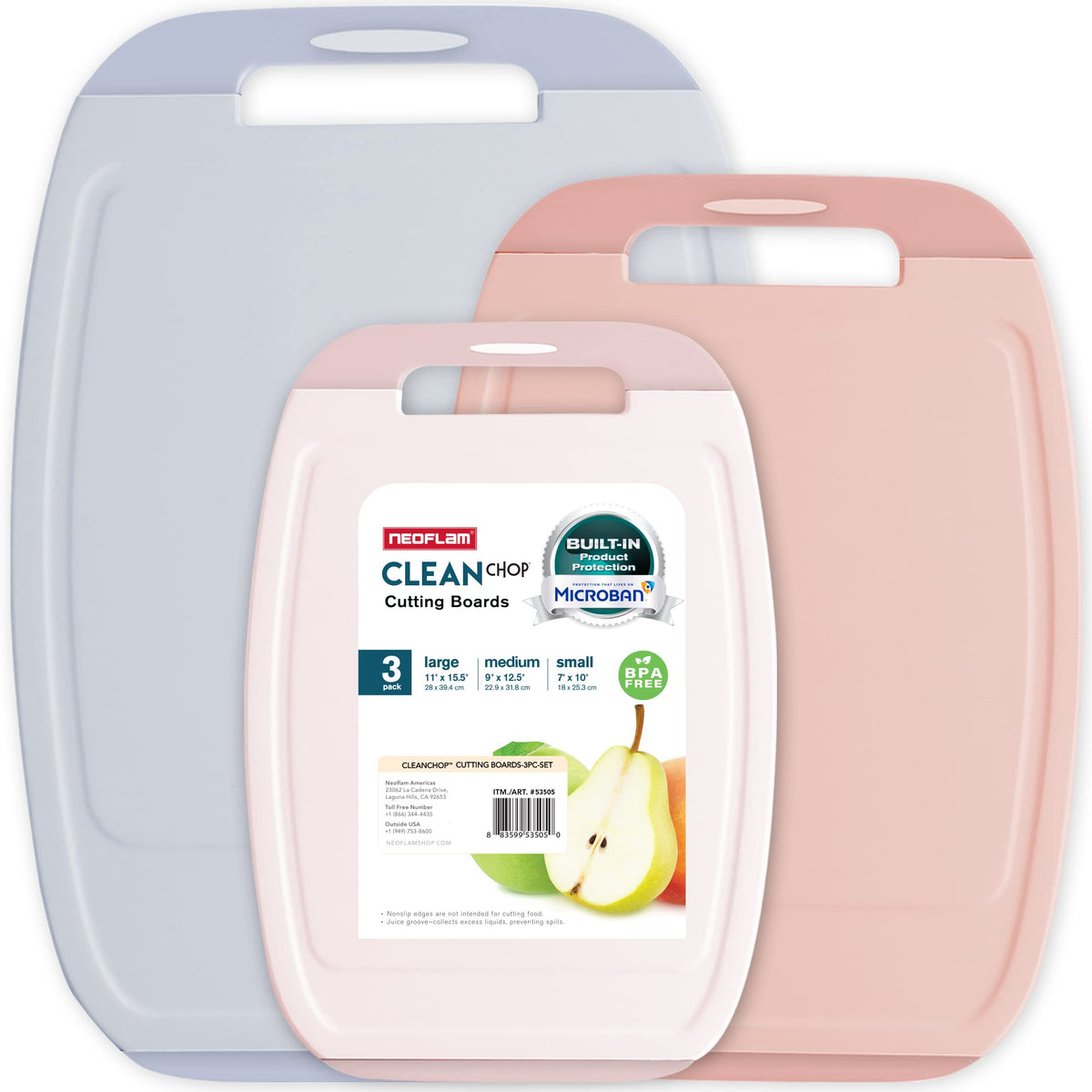 Neoflam Microban Antimicrobial Plastic Cutting Board 3 Sets, BPA Free, Non-Slip EZ Grip Handle, Dishwasher Safe, Stain & Odor Free, Reversible Board, Larger Juice Groove, Multicolor
