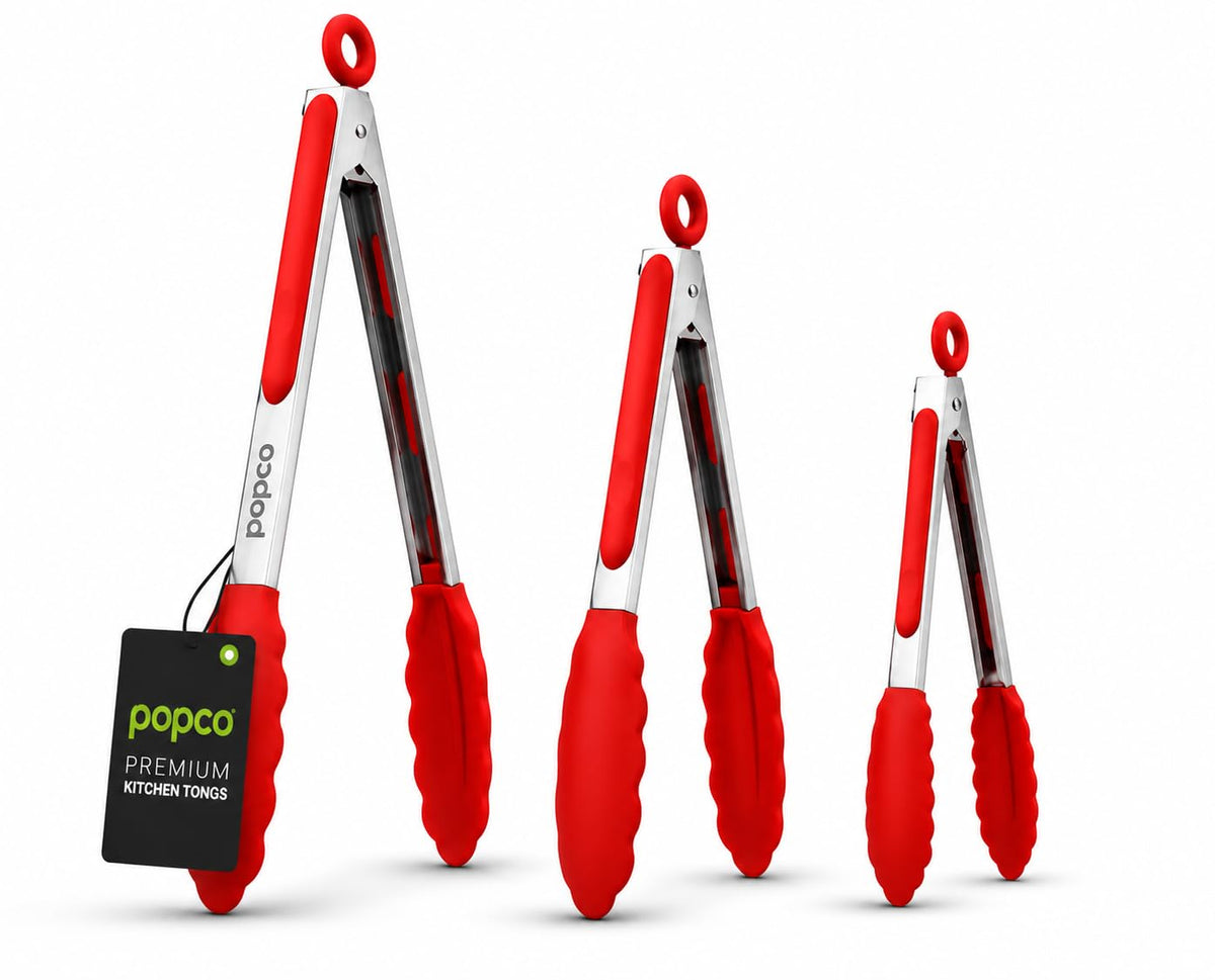 Popco 3 Piece Kitchen Tongs Set 7, 9, 12 Inch - Stainless Steel Nonstick Tongs with Silicone Tips - Heat Resistant and Dishwasher Safe for Cooking, Grilling, Salad, and Everyday Serving