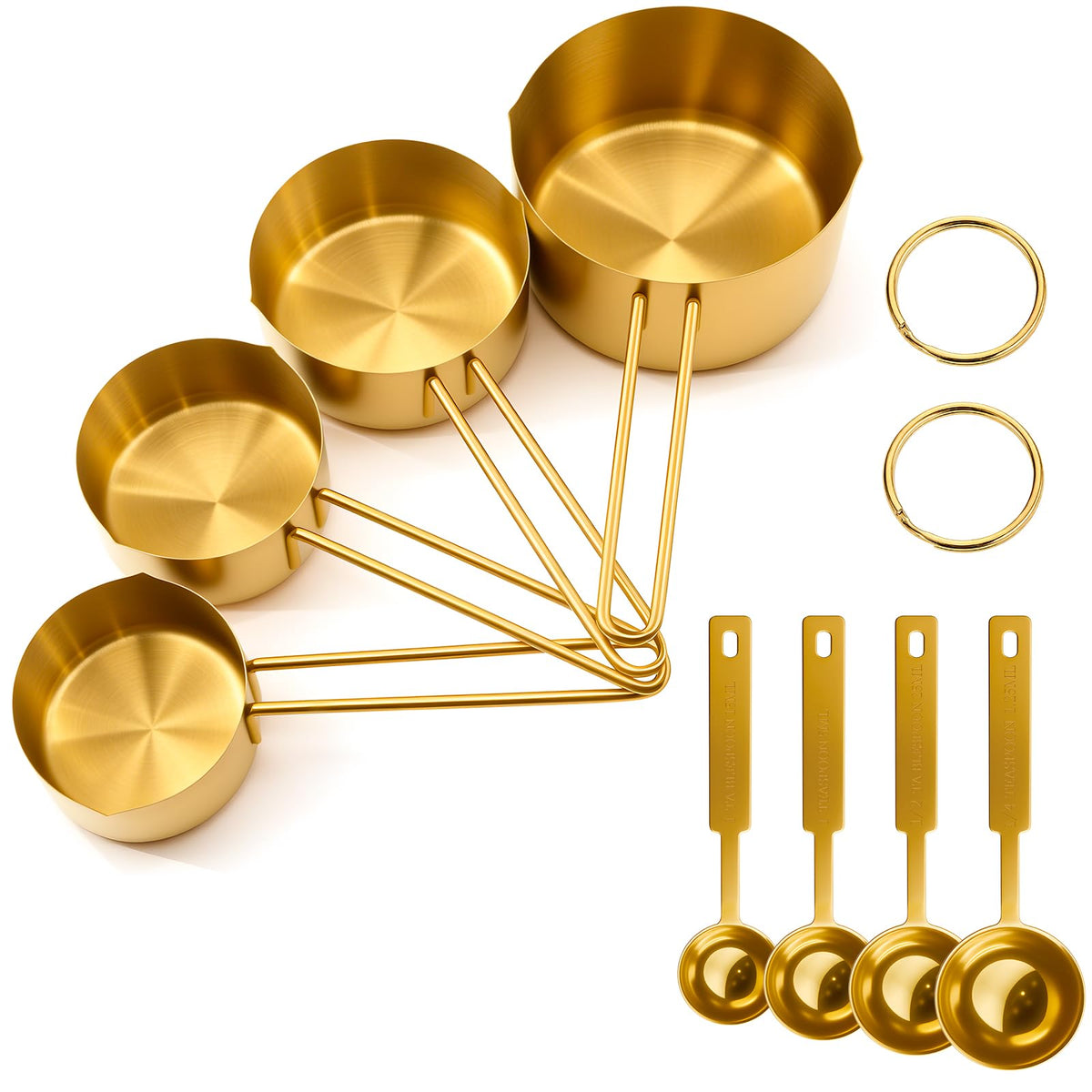 Gold 304 Stainless Steel Measuring Cup and Spoon Set, Stackable, 8-Piece, Long Handle for Narrow Bottles, Premium Gold Kitchen Utensils for Cooking and Mothers Day Gift