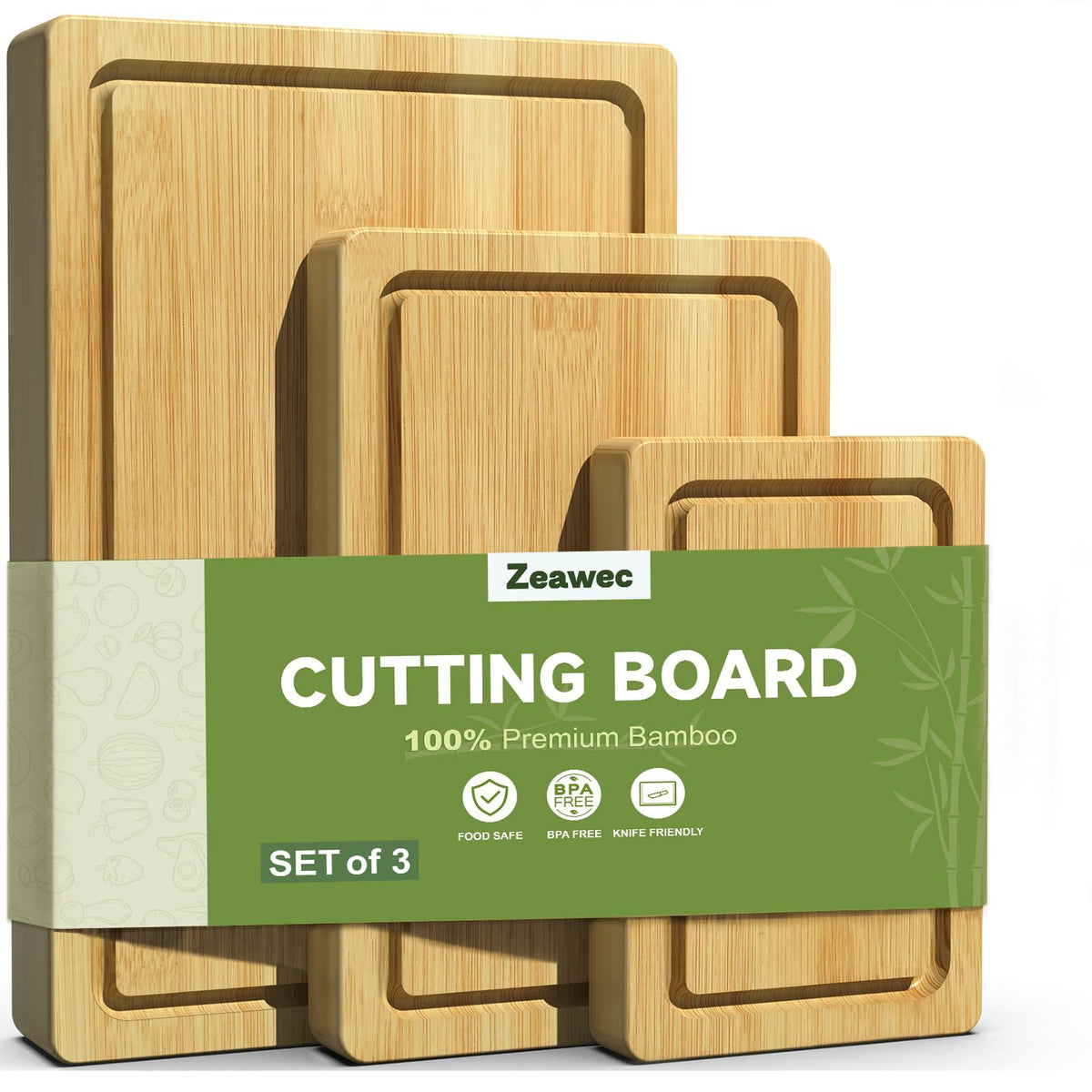 3-Piece Set Deep-Carbonized Bamboo Cutting Board for Kitchen, Natural
