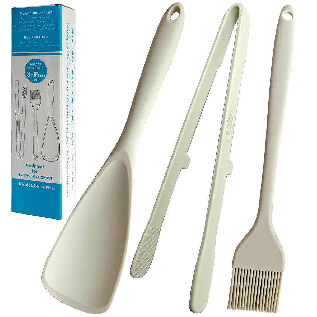 Silicone Spatula Tongs and Basting Brush Set, 3-Piece 11.4 Inch Heat Resistant Kitchen Utensils, Dishwasher Safe, Non-Scratch for Cooking, Baking, Serving, Gray