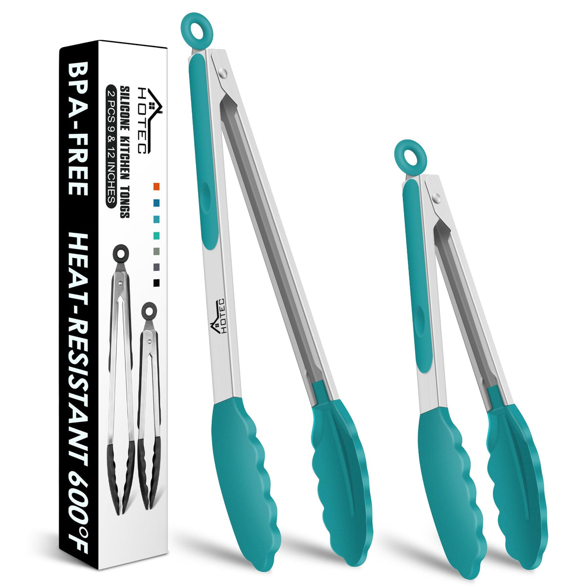 HOTEC Stainless Steel Kitchen Tongs with Silicone Tips, Set of 2-9" and 12"
