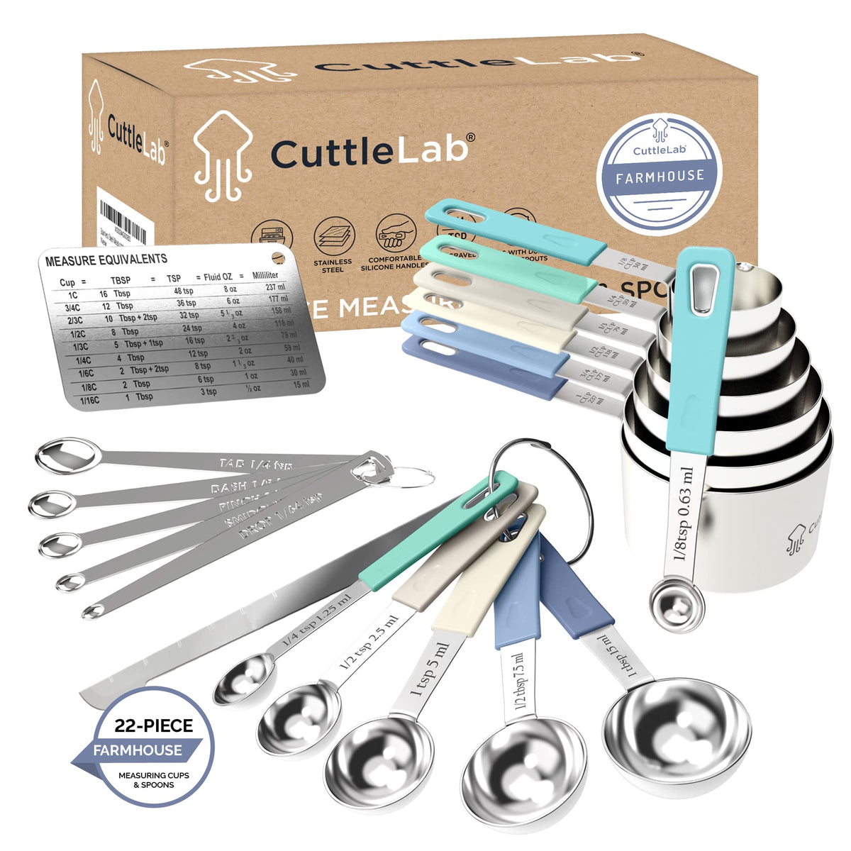CuttleLab 22-Piece Stainless Steel Measuring Cups and Spoons Set, Tad Dash Pinch Smidgen Drop Mini Measuring Spoons, Measuring Stick Leveler, Measurement Conversion Chart Fridge Magnet, (Country Chic)