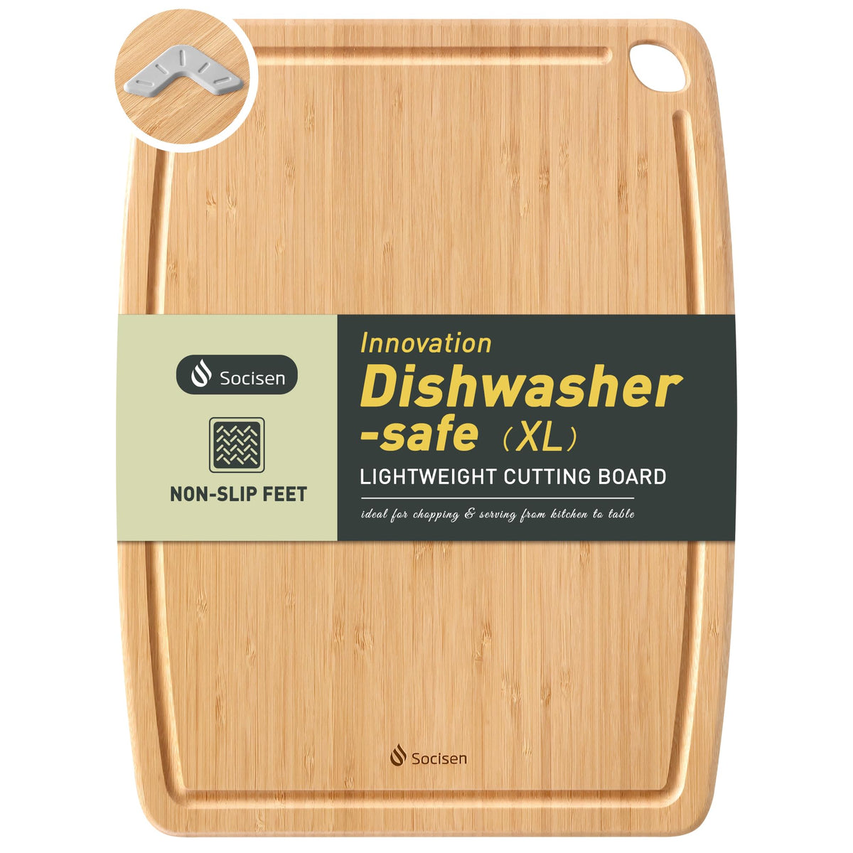 Lightweight Durable Bamboo Cutting Board with Non-Slip Feet, Non Toxic Wooden Cutting Board for Kitchen Heat-Resistant Chopping & Charcuterie Board with Juice Groove Kitchen Essentials for Meat