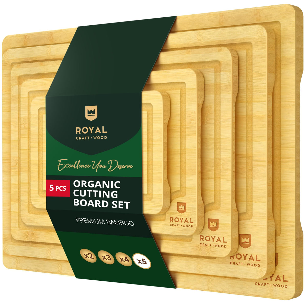ROYAL CRAFT WOOD Wooden Cutting Boards for Kitchen Appliances - Non Toxic Bamboo Wood Cutting Board Set with Deep Juice Groove, Side Handles, Charcuterie & Butcher Block for Meat, Meal Prep & Serving