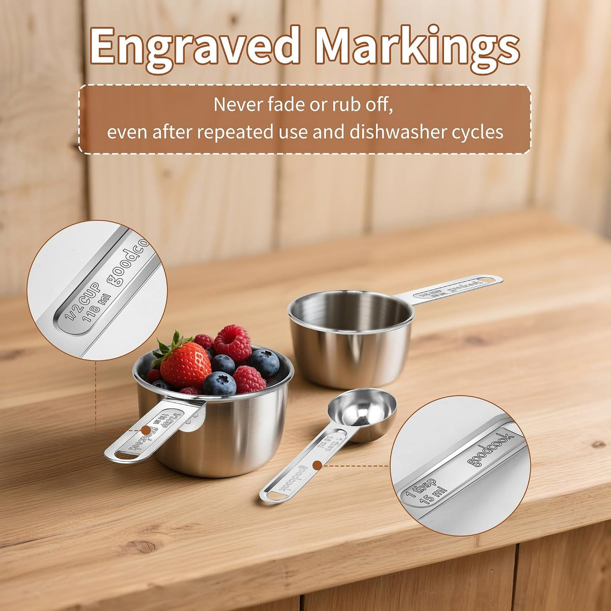 Measuring Cups and Spoons Set (8 Piece), Stainless Steel Measuring,4 Spoons, 4 Cups, Metal Measuring Cups for Cooking & Baking