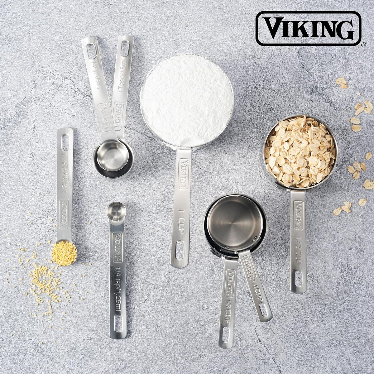 Viking 4-Piece Stainless Steel Measuring Spoons Set, 304 Stainless Steel, Nesting Design with Removable Ring, Dishwasher Safe