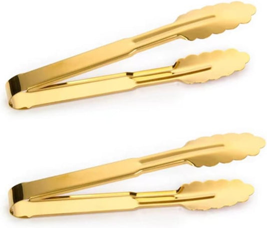 2-Pack 9 Inch Gold Serving Tongs Barbecue Food Tongs Buffet Tongs Non-slip & Easy Grip Stainless Steel Gold Kitchen Cooking Tongs, Salad, Bread, Ice, Frying,Grilling,Pastry,Oven