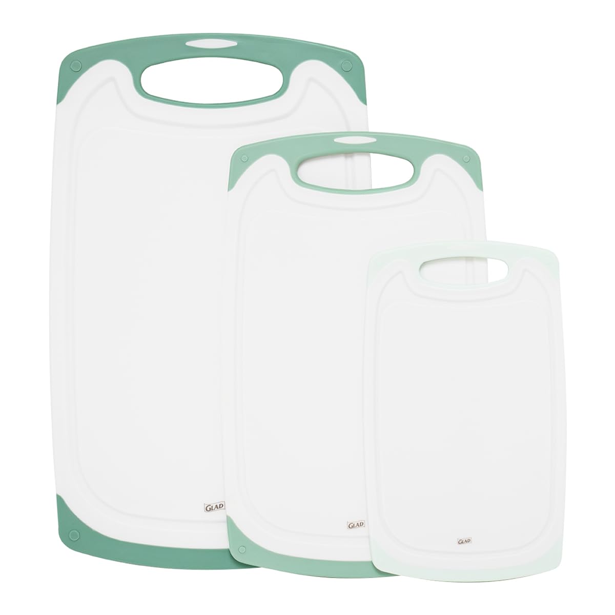 Glad Cutting Boards for Kitchen - 3pc Cutting Board Set with Juice Grooves and Non Slip Handles - Assorted Sizes for Meat, Vegetables, and Fruit - Non Porous, Dishwasher Safe, Grey