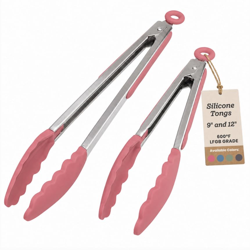 Starpack Get a Grip Silicone Kitchen Tongs (2-Pack, 9" + 12") - LFGB Non Toxic, 600°F Heat Resistant, BPA-Free - Heavy-Duty Stainless Steel, Locking - Dishwasher Safe for Nonstick Cookware