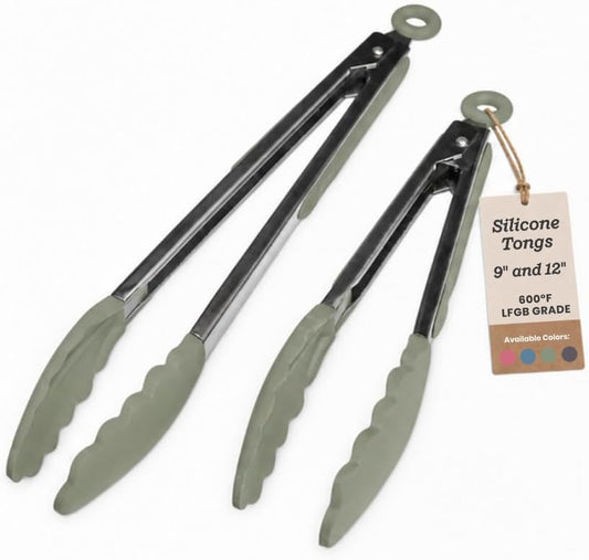 Starpack Get a Grip Silicone Kitchen Tongs (2-Pack, 9" + 12") - LFGB Non Toxic, 600°F Heat Resistant, BPA-Free - Heavy-Duty Stainless Steel, Locking - Dishwasher Safe for Nonstick Cookware