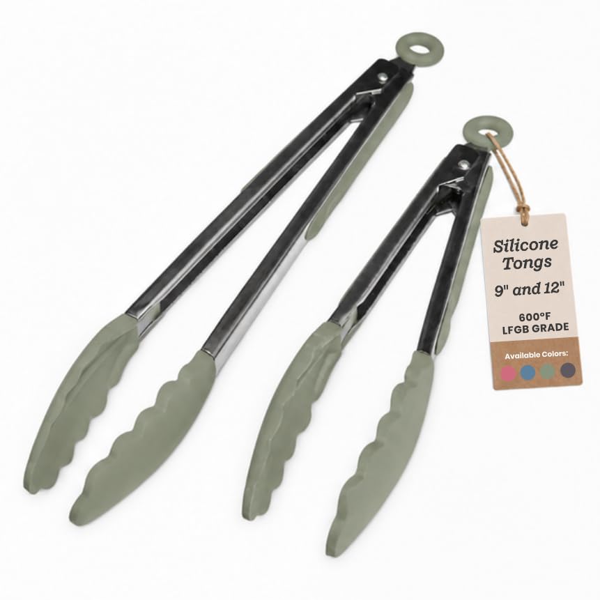 Starpack Get a Grip Silicone Kitchen Tongs (2-Pack, 9" + 12") - LFGB Non Toxic, 600°F Heat Resistant, BPA-Free - Heavy-Duty Stainless Steel, Locking - Dishwasher Safe for Nonstick Cookware