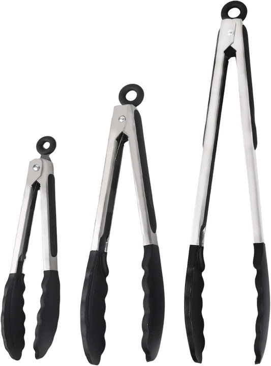 Kitchen Tongs with Silicone Tips, Stainless Steel Cooking Tongs Set of 3
