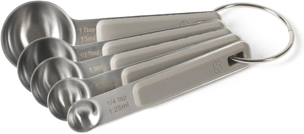 Calphalon Prime Measuring Spoons, 5-Piece Stainless Steel Measuring Spoon Set with Taupe Silicone Handles, Accurate Kitchen Measuring Tools for Spices, Baking & Small Portions