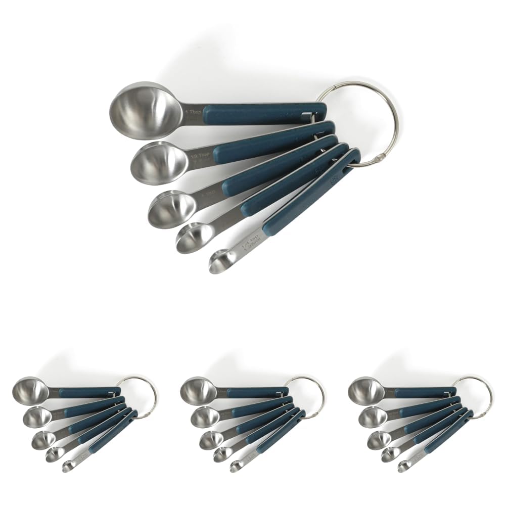 Calphalon Prime Measuring Spoons, Plastic Measuring Spoon Set, 5-Piece Stainless Steel Measuring Spoons Navy Silicone Handle Accurate, Durable for Spices and Small Portions