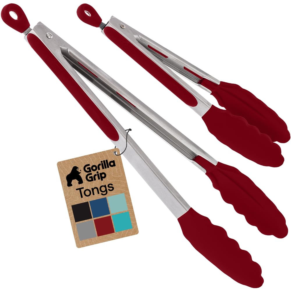 GORILLA GRIP Stainless Steel Kitchen Tongs for Cooking, 2 PK, Black