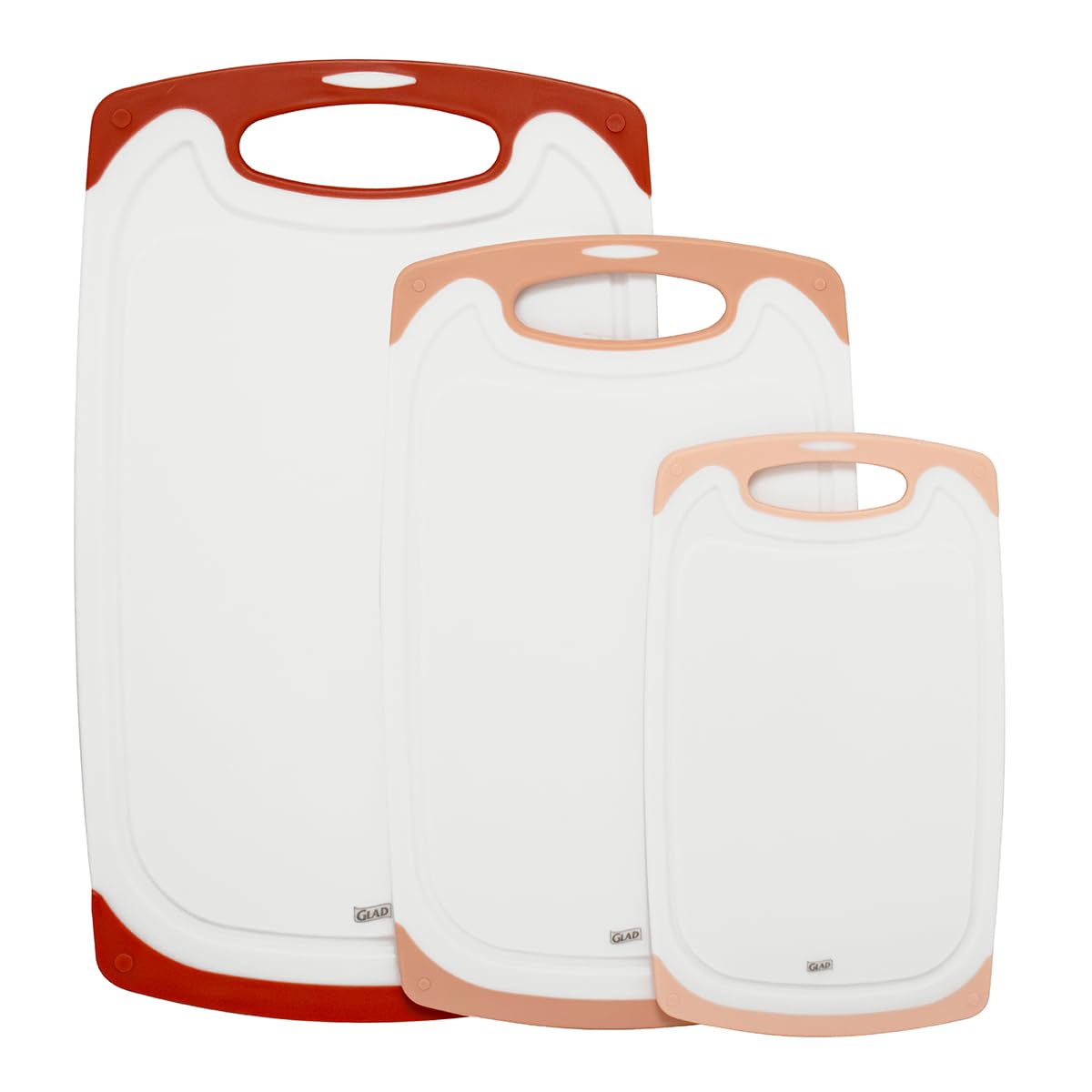 Glad Cutting Boards for Kitchen - 3pc Cutting Board Set with Juice Grooves and Non Slip Handles - Assorted Sizes for Meat, Vegetables, and Fruit - Non Porous, Dishwasher Safe, Grey