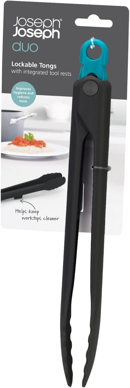 Joseph Joseph Duo Lockable Tongs Hygienic with Integrated Tool Rest & Non-Slip Feet, Suitable for Non-Stick Cookware, Heat-Resistant, BPA Free