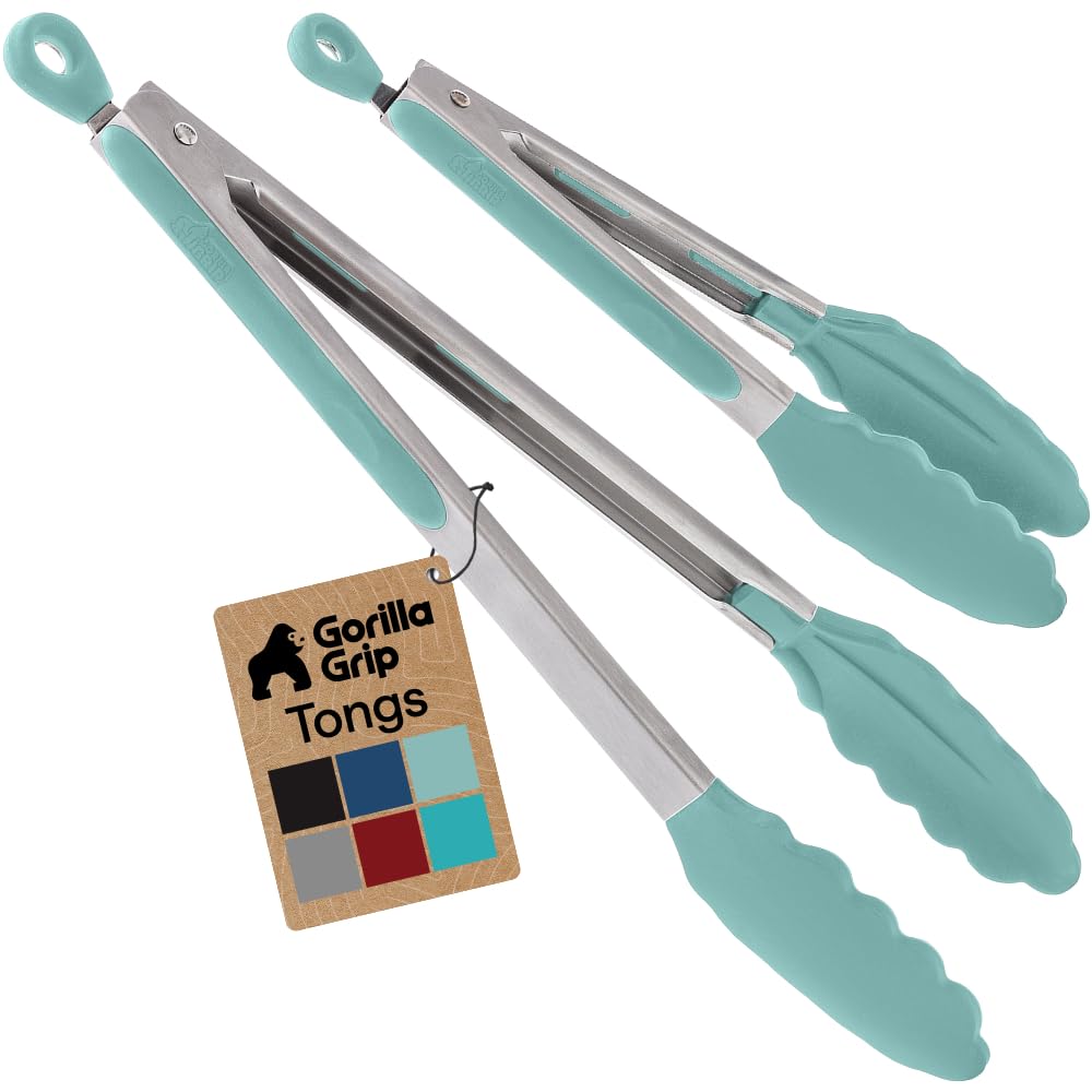 GORILLA GRIP Stainless Steel Kitchen Tongs for Cooking, 2 PK, Black