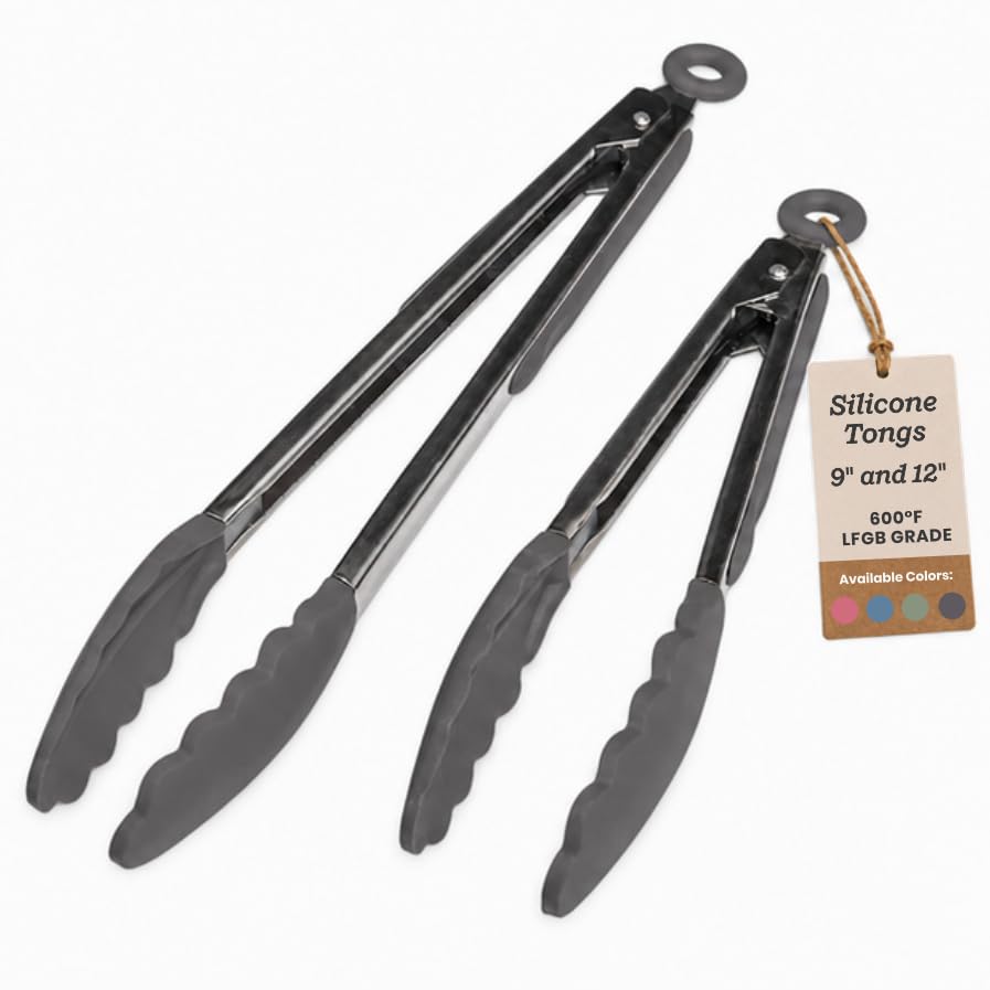 Starpack Get a Grip Silicone Kitchen Tongs (2-Pack, 9" + 12") - LFGB Non Toxic, 600°F Heat Resistant, BPA-Free - Heavy-Duty Stainless Steel, Locking - Dishwasher Safe for Nonstick Cookware