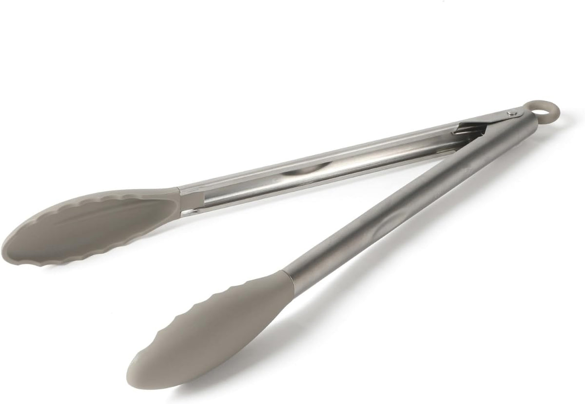 Calphalon Edge Kitchen Tongs, Stainless Steel Locking Tongs with Heat-Resistant Silicone Heads, Nonstick-Safe Cooking Tongs for Grilling, Serving & Food Prep, Taupe
