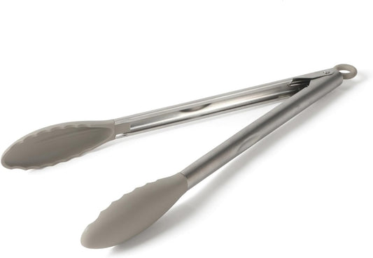 Calphalon Edge Kitchen Tongs, Stainless Steel Locking Tongs with Heat-Resistant Silicone Heads, Nonstick-Safe Cooking Tongs for Grilling, Serving & Food Prep, Taupe