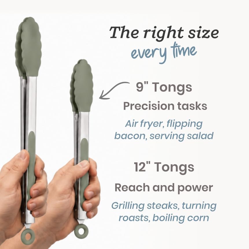 Starpack Get a Grip Silicone Kitchen Tongs (2-Pack, 9" + 12") - LFGB Non Toxic, 600°F Heat Resistant, BPA-Free - Heavy-Duty Stainless Steel, Locking - Dishwasher Safe for Nonstick Cookware