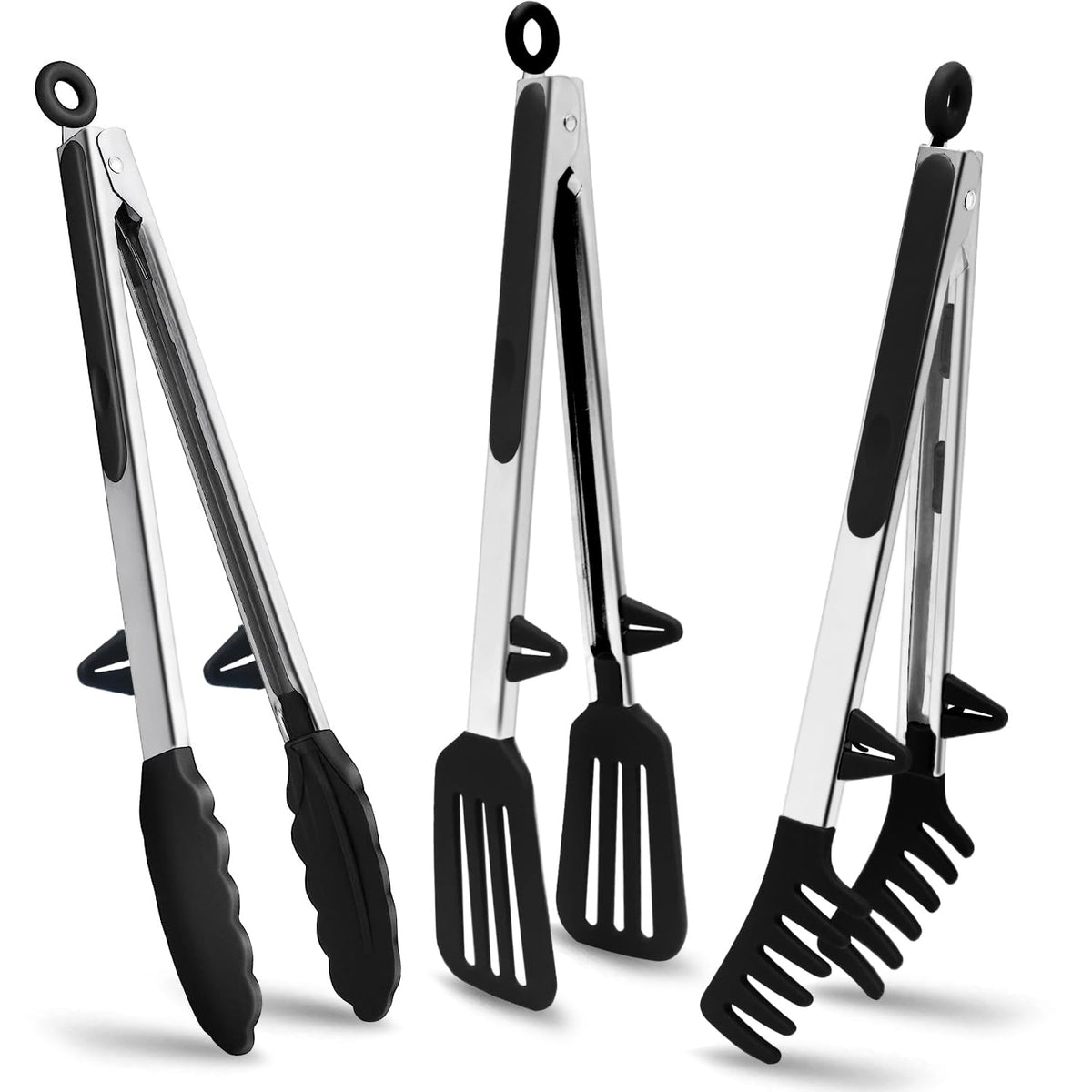 12" Kitchen Tongs for cooking with Silicone Tips, 3Pcs Serving Tongs, Grey