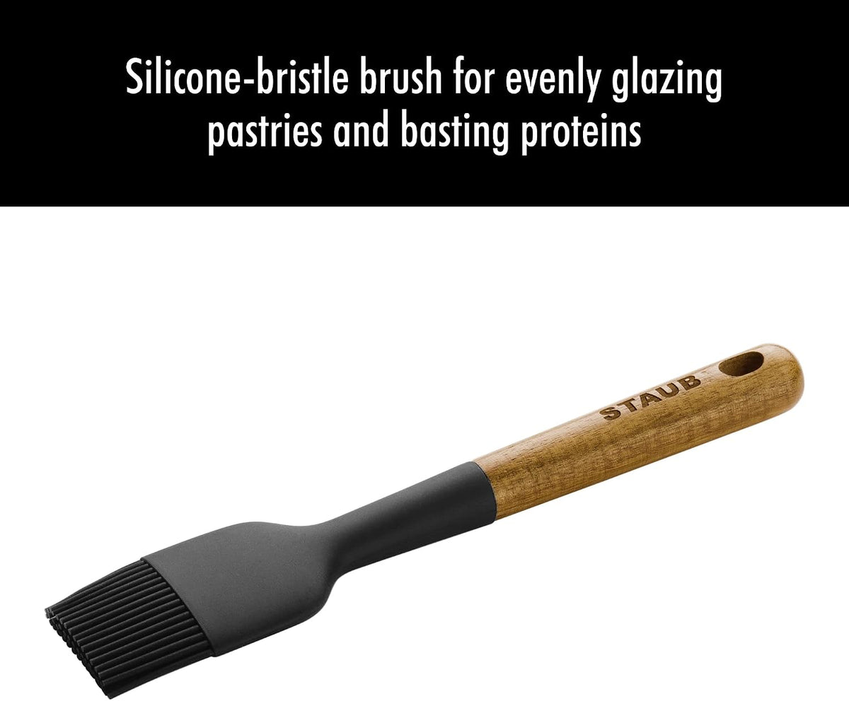 STAUB Pastry Brush, Perfect for Evenly Glazing Pastries and Basting Meats, Durable BPA-Free Matte Black Silicone, Acacia Wood Handles, Safe for Nonstick Cooking Surfaces