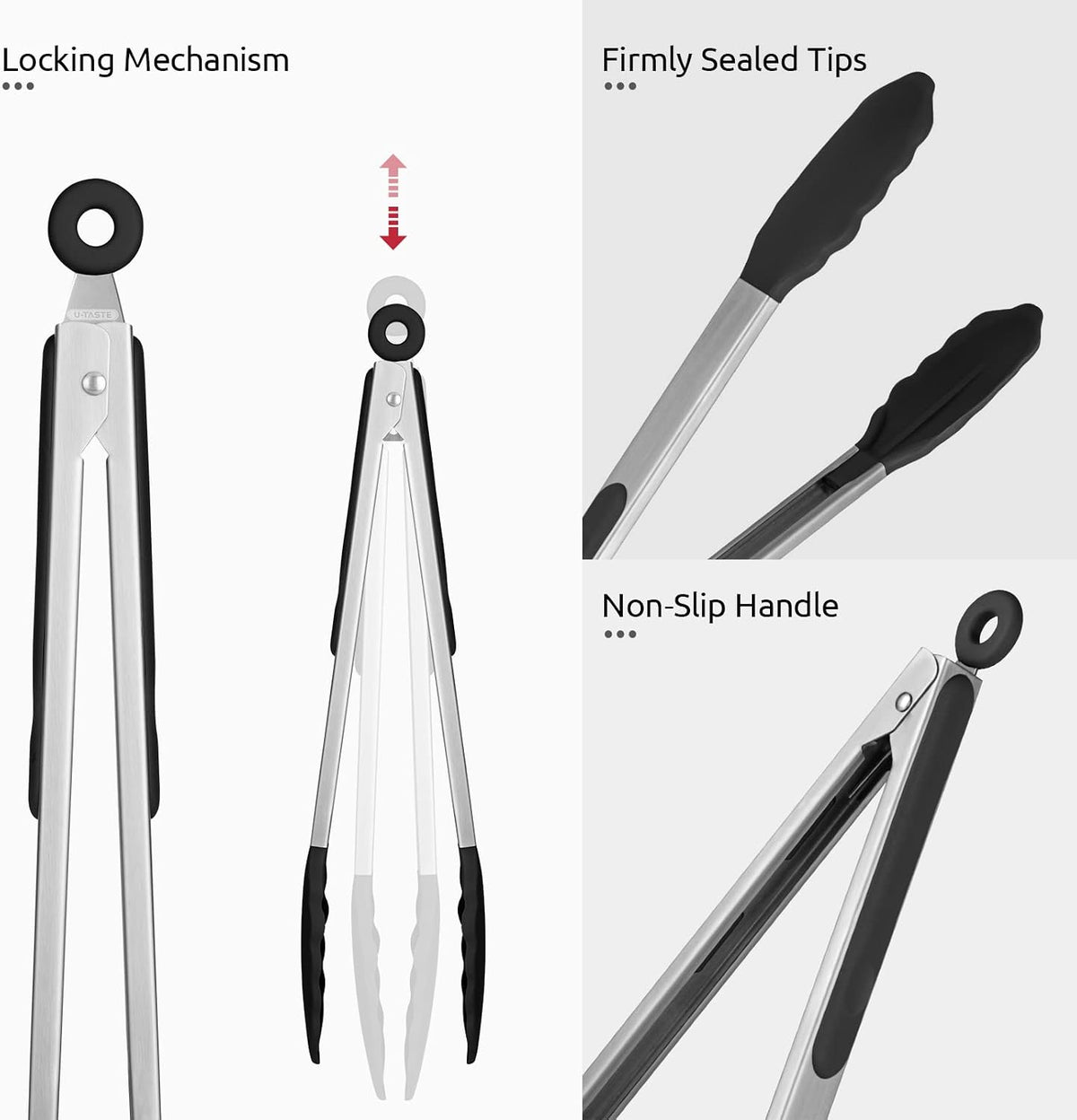 U-Taste Kitchen Tong for Cooking, 600ºF Heat-Resistant Silicone, 2Pcs/Black