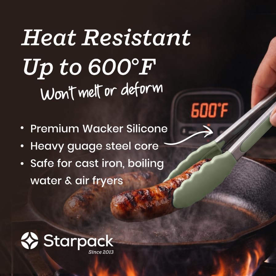 Starpack Get a Grip Silicone Kitchen Tongs (2-Pack, 9" + 12") - LFGB Non Toxic, 600°F Heat Resistant, BPA-Free - Heavy-Duty Stainless Steel, Locking - Dishwasher Safe for Nonstick Cookware