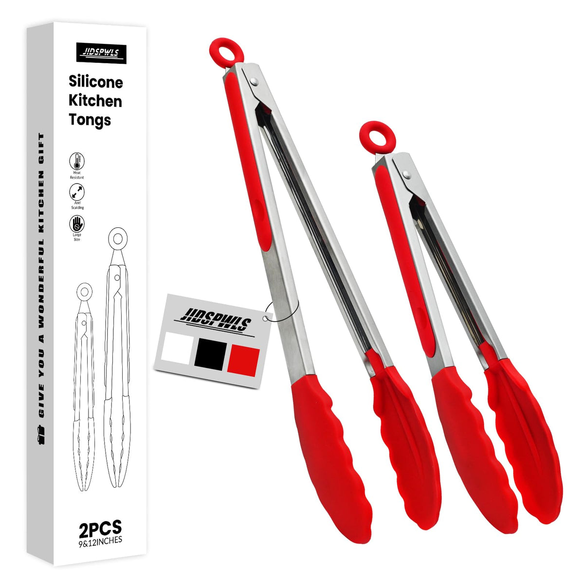 2 Pack Black Premium Stainless Steel Heat Resistant Kitchen Tongs for cooking,set of 9" and 12",Non Scratch Silicone cooking Tong Tip for Cooking Pans,Strong Grip BBQ tongs for Grabbing Hot Food
