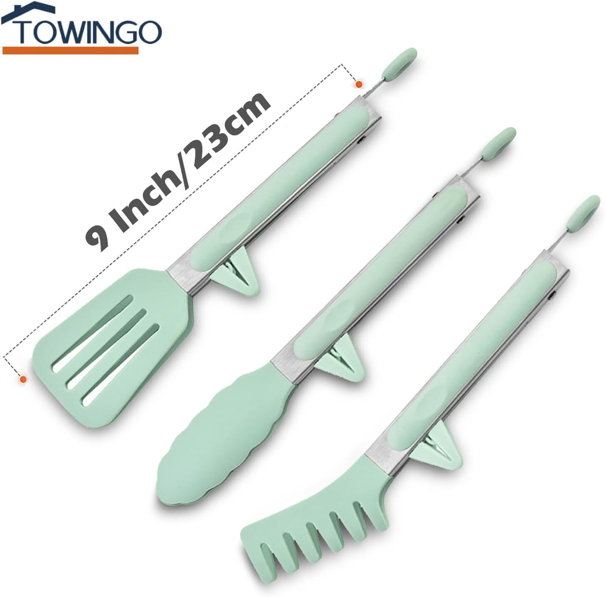 9" Kitchen Tongs for cooking with Silicone Tips, 3Pcs Serving Tongs, Green