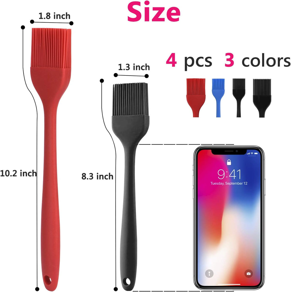 Hhyn Silicone Basting Pastry Brush Set 4 Pack, Multicolor