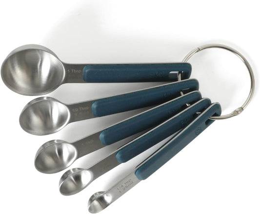 Calphalon Prime Measuring Spoons, Plastic Measuring Spoon Set, 5-Piece Stainless Steel Measuring Spoons Navy Silicone Handle Accurate, Durable for Spices and Small Portions