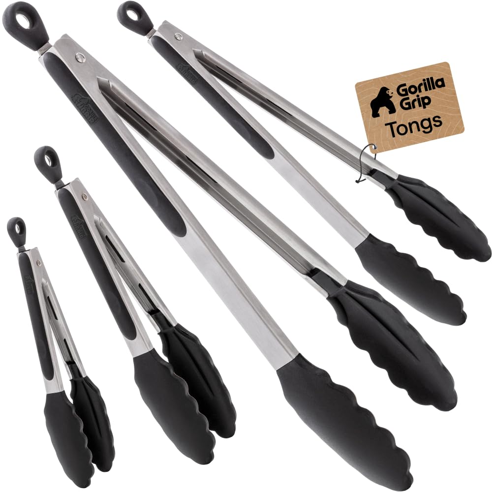GORILLA GRIP Stainless Steel Kitchen Tongs for Cooking, 2 PK, Black
