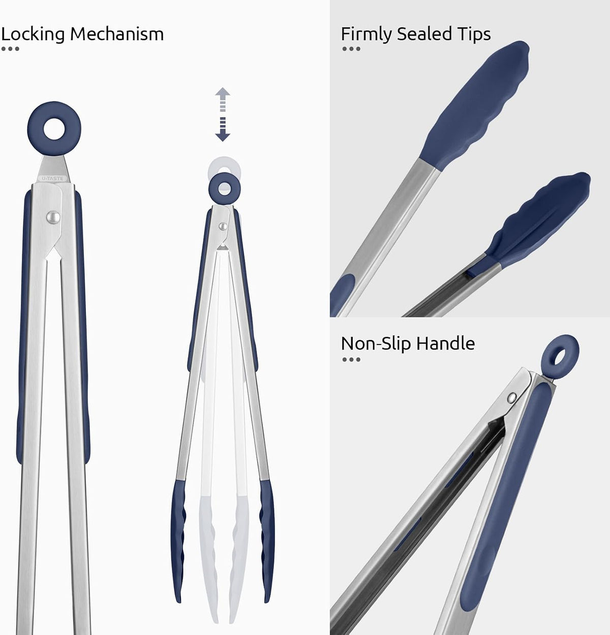 U-Taste Kitchen Tongs for Cooking, 600ºF Heat-Resistant, 3Pcs/Midnight Blue