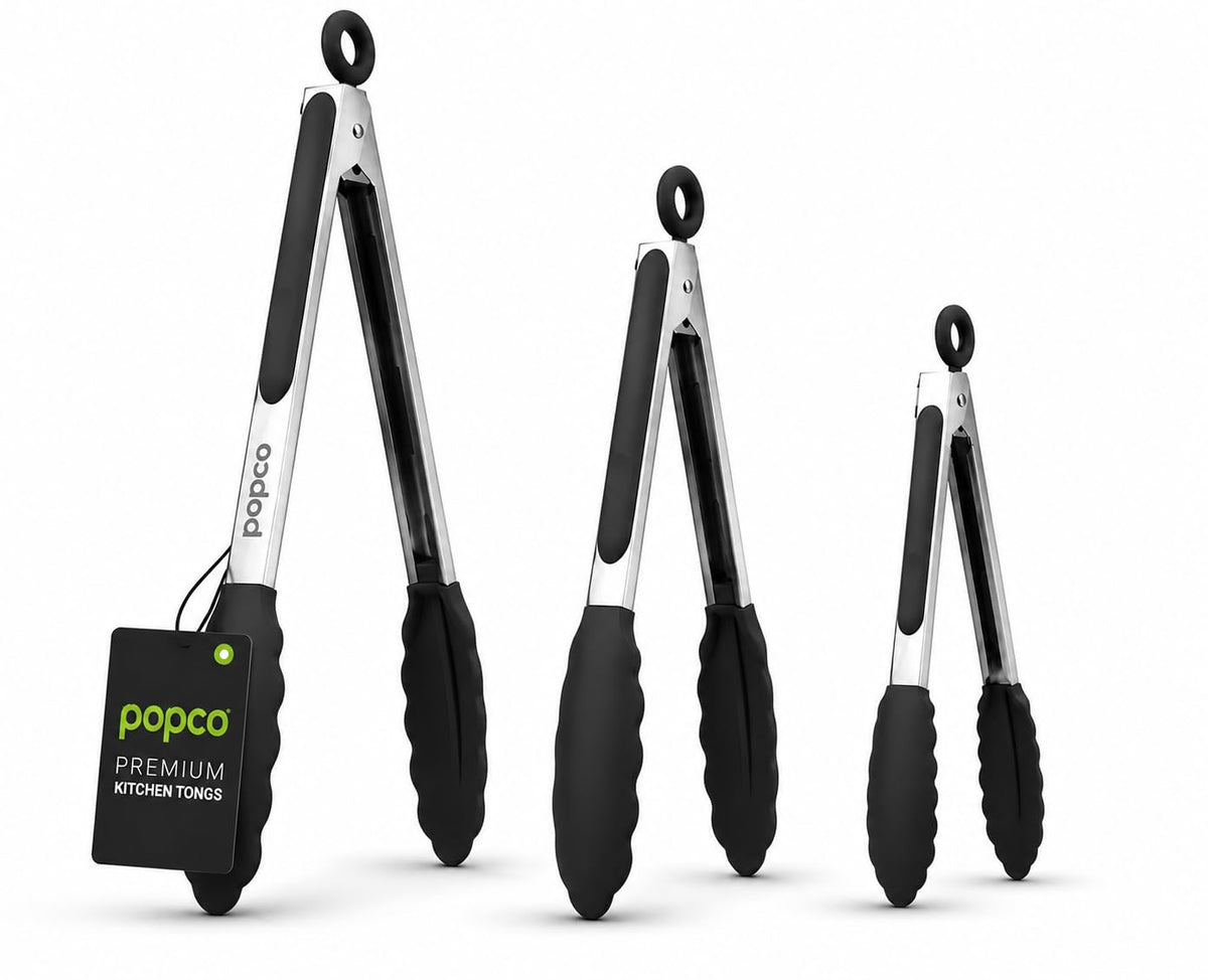 Popco 3 Piece Kitchen Tongs Set 7, 9, 12 Inch - Stainless Steel Nonstick Tongs with Silicone Tips - Heat Resistant and Dishwasher Safe for Cooking, Grilling, Salad, and Everyday Serving