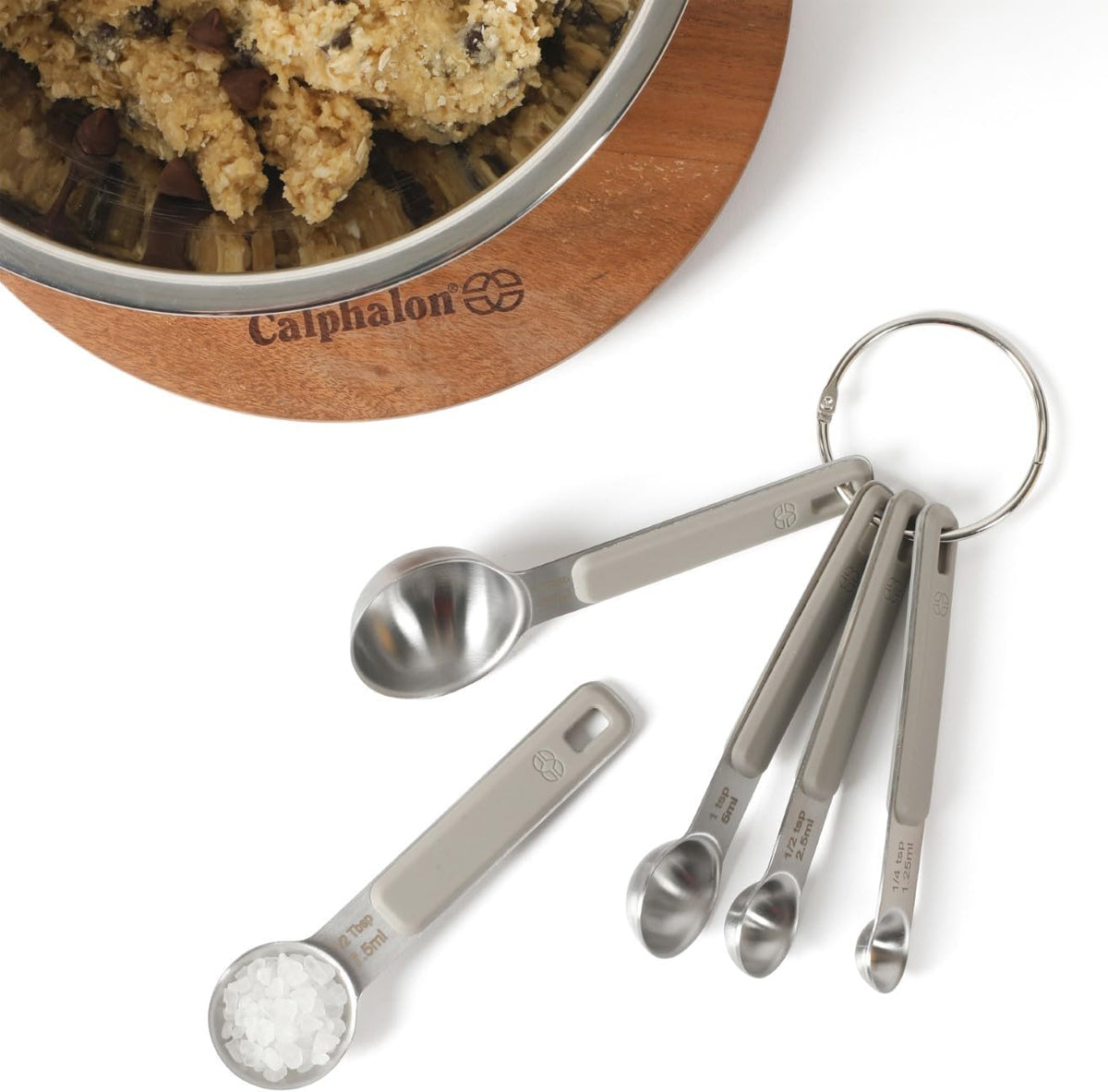 Calphalon Prime Measuring Spoons, 5-Piece Stainless Steel Measuring Spoon Set with Taupe Silicone Handles, Accurate Kitchen Measuring Tools for Spices, Baking & Small Portions