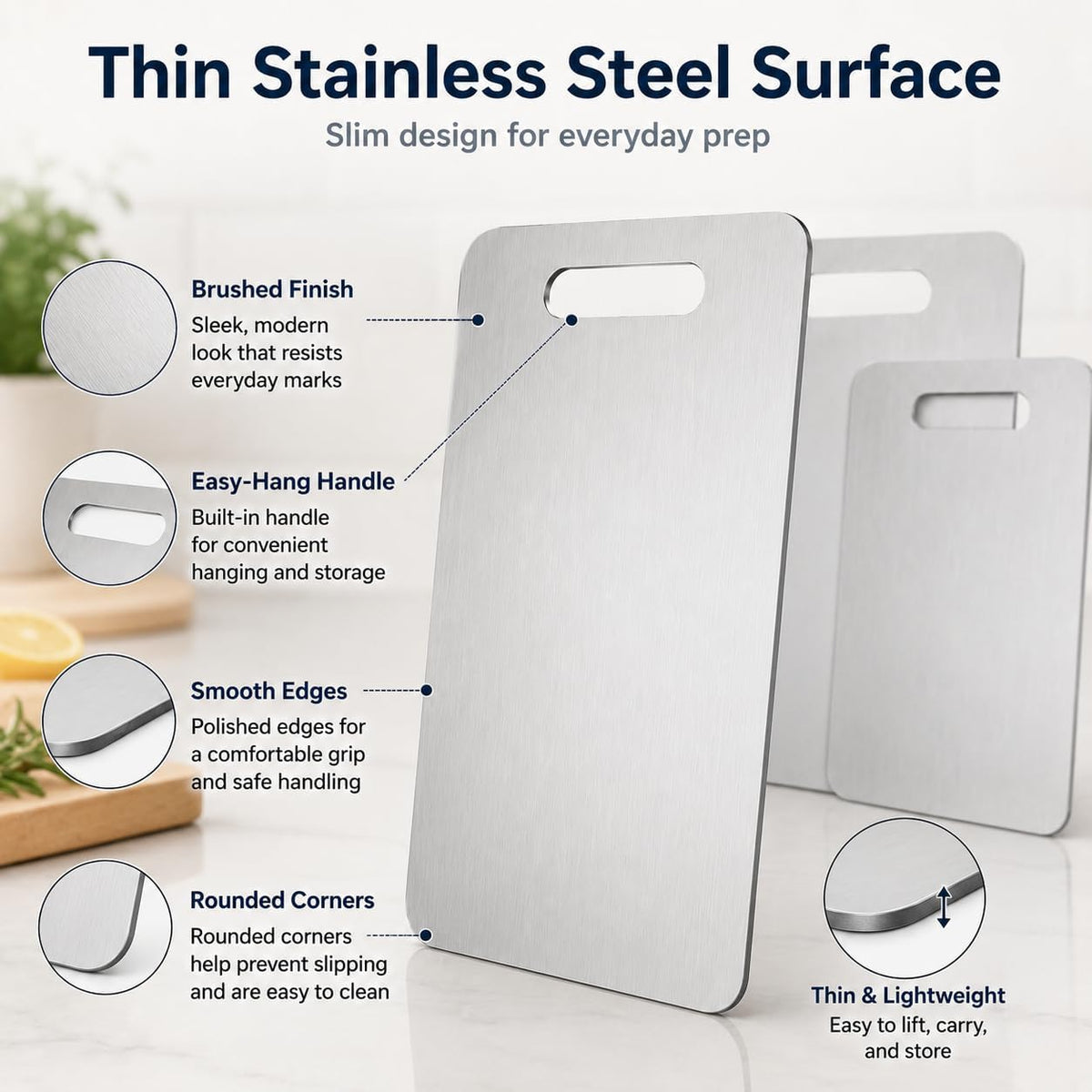 Stainless Steel Cutting Board Set of 3, Thin Metal Chopping Boards with Handle, Double Sided Kitchen Cutting Mats for Meat, Fish, Fruits & Vegetables, Home Camping BBQ