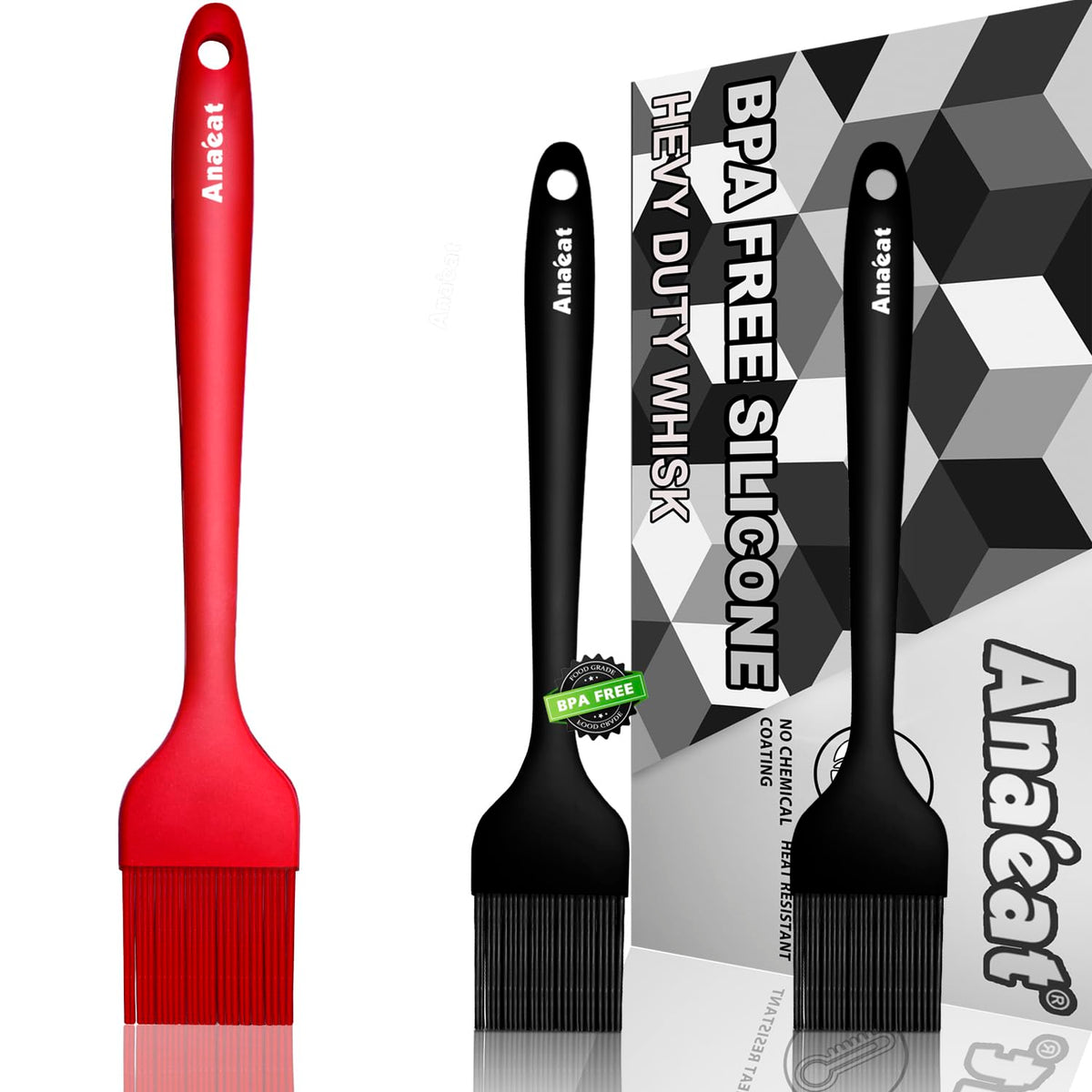 Anaeat High Heat Resistant Silicone Basting Pastry Brush Set of 2- Hygienic One-Pieces Design Spread Oil Butter for BBQ Grill Barbecue Baking Kitchen Cooking - BPA Free & Dishwasher Safe (10"+8.2")