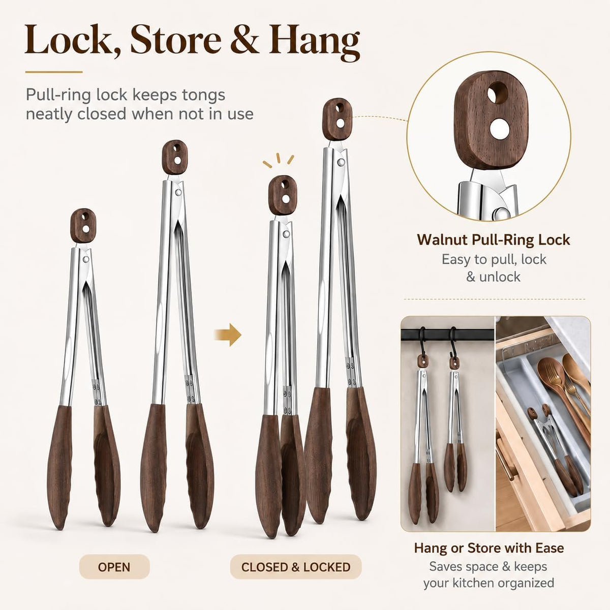 Wooden Tongs for Cooking - Kitchen Salad Tongs for Serving Food(12"+15")