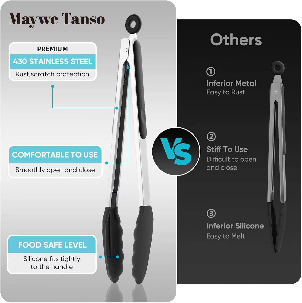 12-Inch Kitchen Tongs for Cooking with Silicone Tip,Black