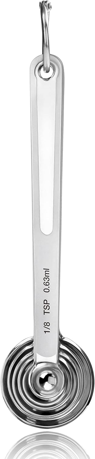 New Star Foodservice 43112 Stainless Steel Measuring Spoons, Set of 6, Round Metal Measuring Spoon Set with Ring Hook for Baking, Cooking, Spices, Wet and Dry Ingredients, Silver