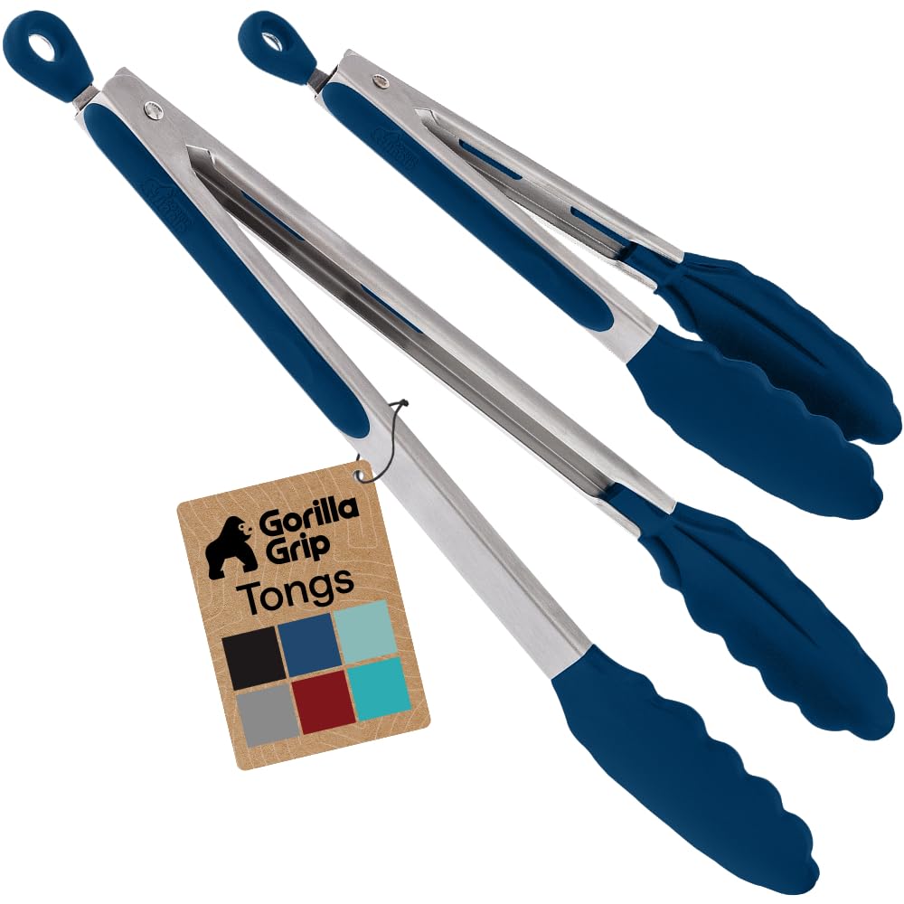 GORILLA GRIP Stainless Steel Kitchen Tongs for Cooking, 2 PK, Black