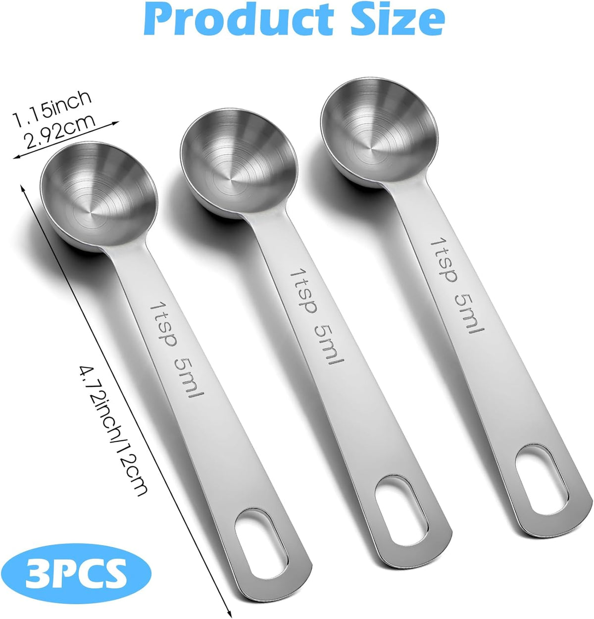 1 Teaspoon Measuring Spoons, 3Pcs Stainless Steel Kitchen Tools for Precise Cooking, Baking and Spices Measurement, 5ml