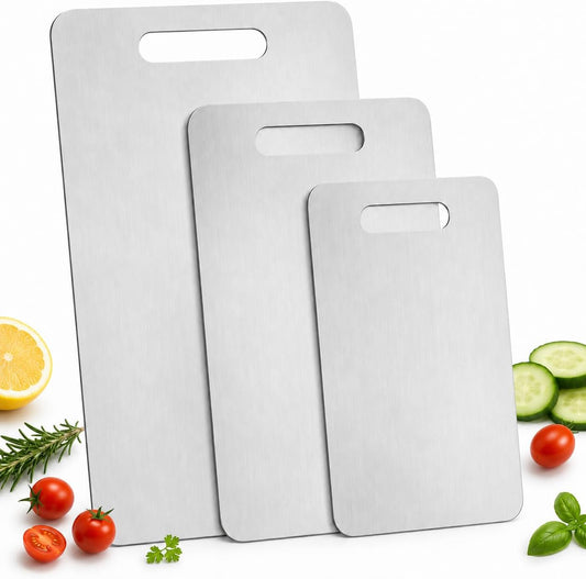 Stainless Steel Cutting Board Set of 3, Thin Metal Chopping Boards with Handle, Double Sided Kitchen Cutting Mats for Meat, Fish, Fruits & Vegetables, Home Camping BBQ